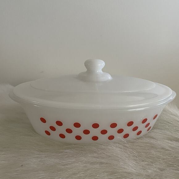 Vintage Other - Vintage Glasbake White 1 Quart Casserole Dish W/ Lid Red Polka Dots Rare